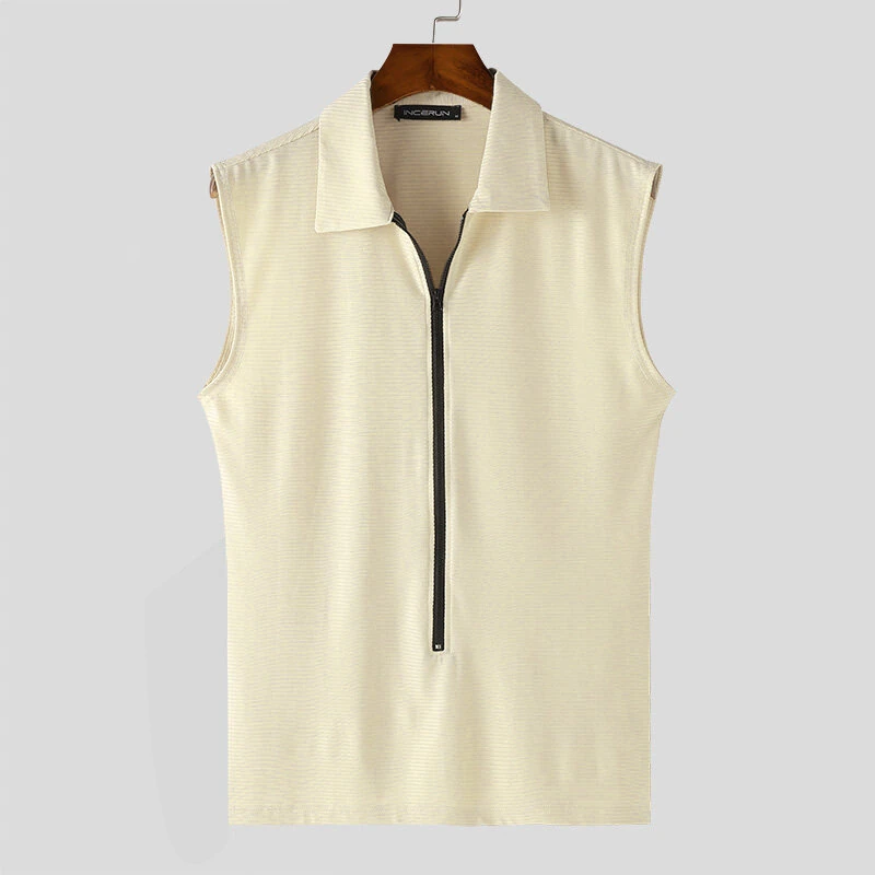 (image for) INCERUN Men Tshirts Male Comfy Lapel Sleeveless Zipper Blouse Streetwear Casual Solid Color T-Shirts Leisure Summer Round Neck Tee Tops